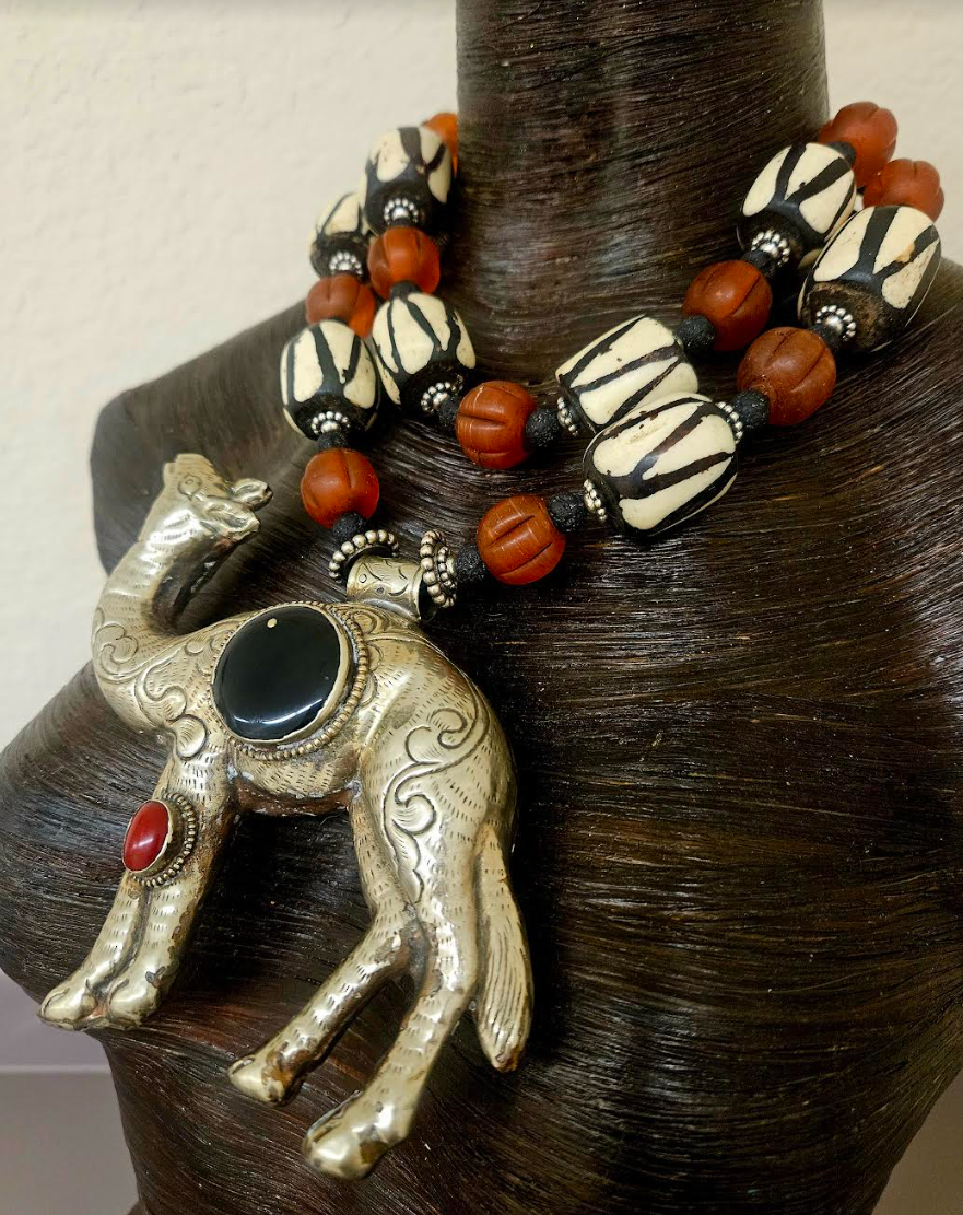 Tibetan Repousse Camel Tribal Chest Piece - Rare Scarce Zebu Bone and Amber Glass Ethnic Statement Necklace - Kat Kouture Jewelry