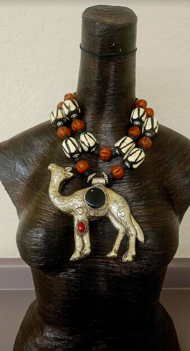 Tibetan Repousse Camel Tribal Chest Piece - Rare Scarce Zebu Bone and Amber Glass Ethnic Statement Necklace - Kat Kouture Jewelry