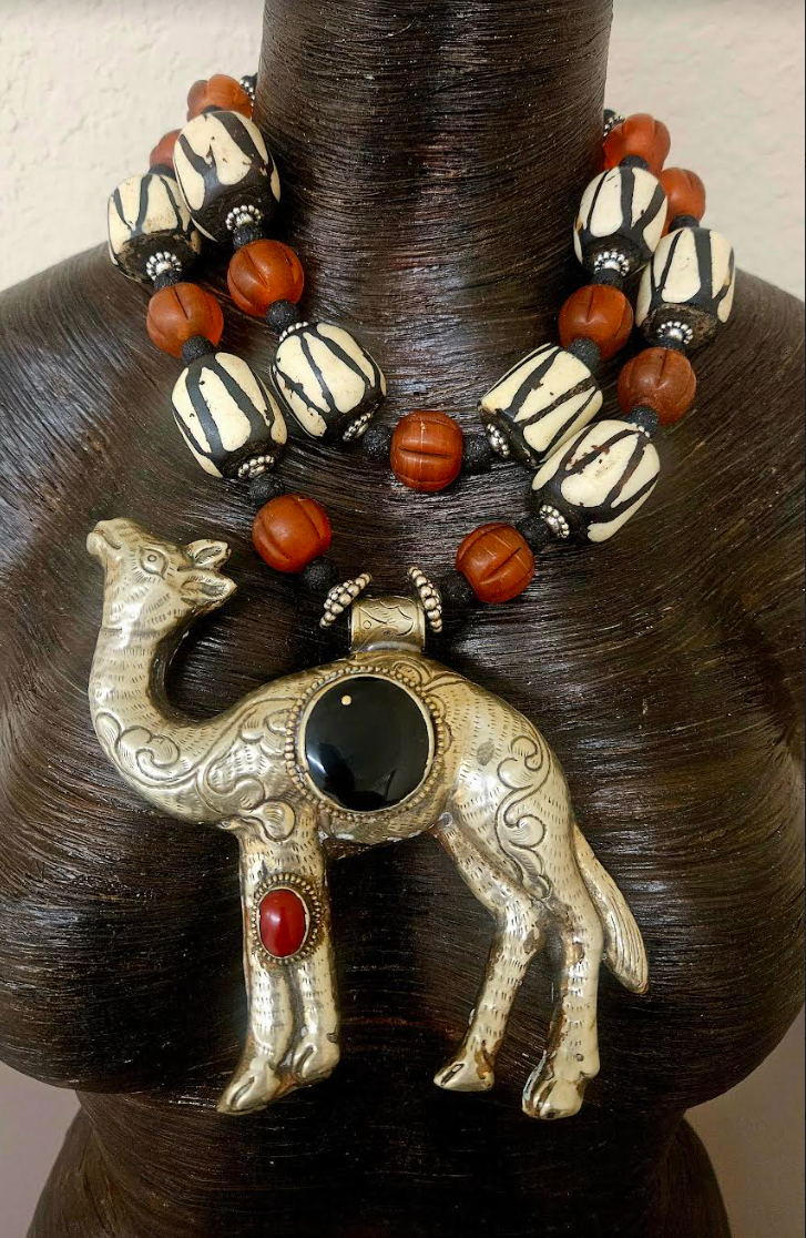 Tibetan Repousse Camel Tribal Chest Piece - Rare Scarce Zebu Bone and Amber Glass Ethnic Statement Necklace - Kat Kouture Jewelry