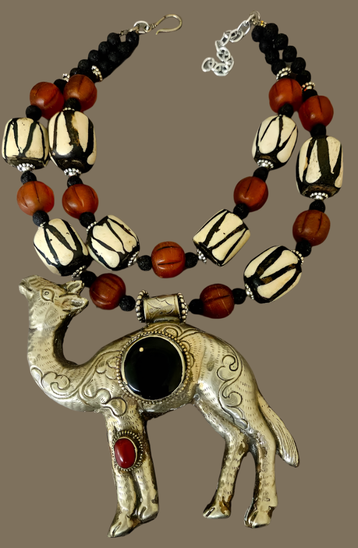 Tibetan Repousse Camel Tribal Chest Piece - Rare Scarce Zebu Bone and Amber Glass Ethnic Statement Necklace - Kat Kouture Jewelry