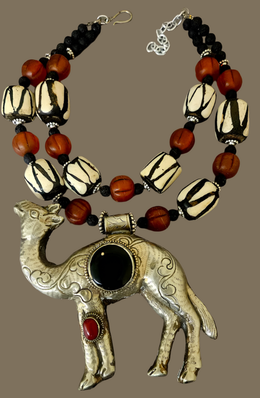 Tibetan Repousse Camel & Bone Tribal Necklace - Bold