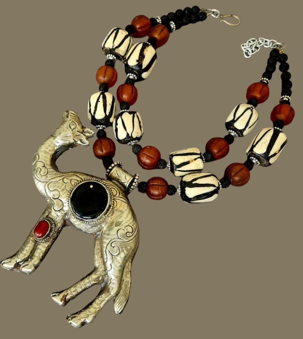 Tibetan Repousse Camel Tribal Chest Piece - Rare Scarce Zebu Bone and Amber Glass Ethnic Statement Necklace - Kat Kouture Jewelry