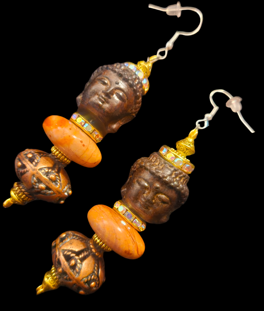 Buddha Jasper & Copper Dangle Ethnic Pierced Earrings - Bold and Chunky Tribal Fall Ear Candy - Drop Earrings for Asian or Women of Color - Kat Kouture Jewelry