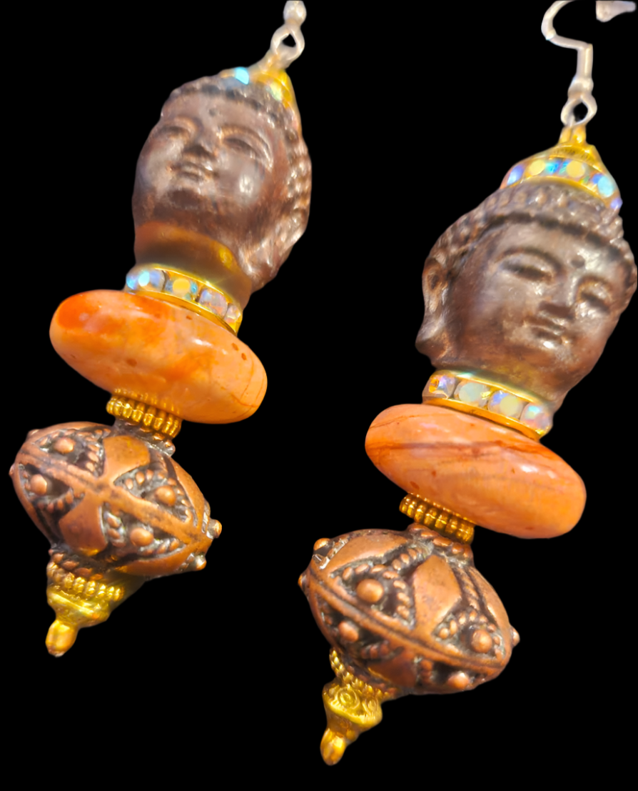 Buddha Jasper & Copper Dangle Ethnic Pierced Earrings - Bold and Chunky Tribal Fall Ear Candy - Drop Earrings for Asian or Women of Color - Kat Kouture Jewelry