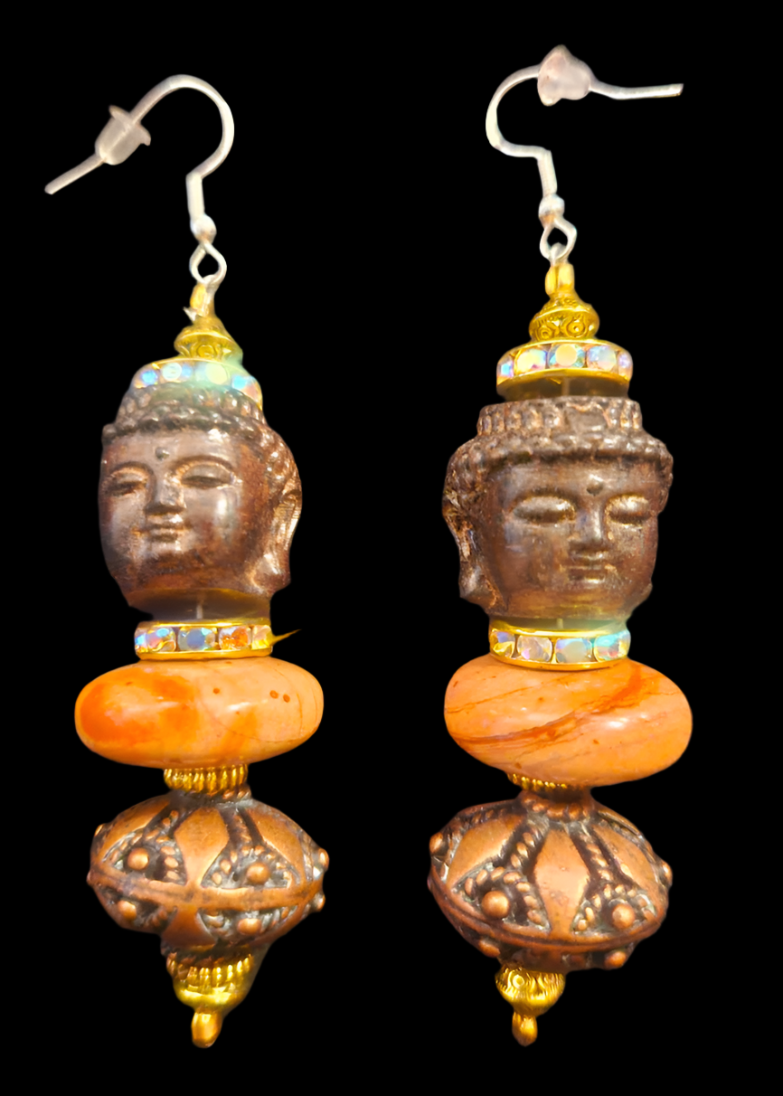 Buddha Jasper & Copper Dangle Ethnic Pierced Earrings - Bold and Chunky Tribal Fall Ear Candy - Drop Earrings for Asian or Women of Color - Kat Kouture Jewelry