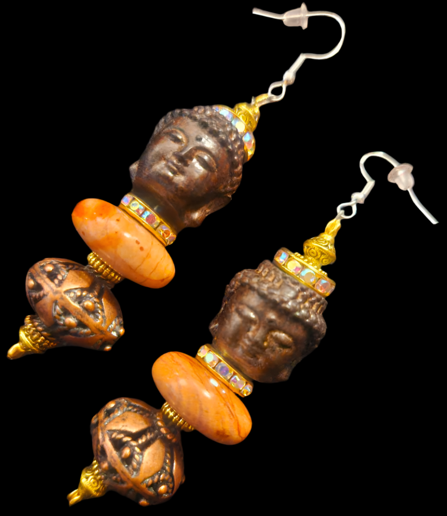 Buddha Jasper & Copper Dangle Ethnic Pierced Earrings - Bold and Chunky Tribal Fall Ear Candy - Drop Earrings for Asian or Women of Color - Kat Kouture Jewelry