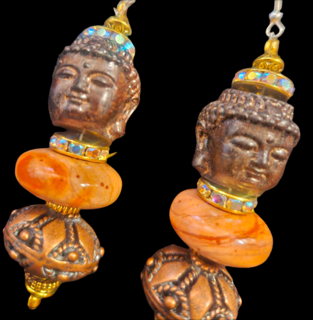 Buddha Jasper & Copper Dangle Ethnic Pierced Earrings - Bold and Chunky Tribal Fall Ear Candy - Drop Earrings for Asian or Women of Color - Kat Kouture Jewelry