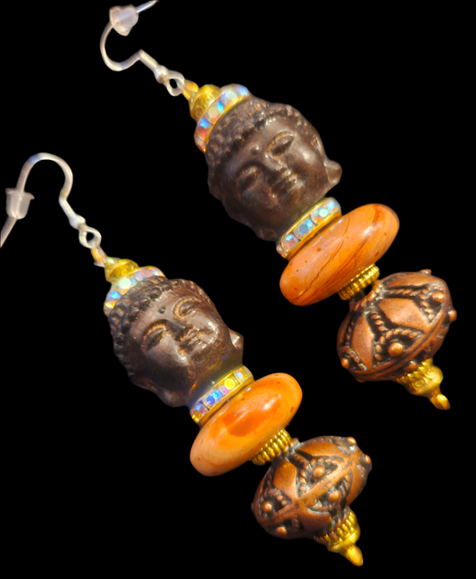 Buddha Jasper & Copper Dangle Ethnic Pierced Earrings - Bold and Chunky Tribal Fall Ear Candy - Drop Earrings for Asian or Women of Color - Kat Kouture Jewelry