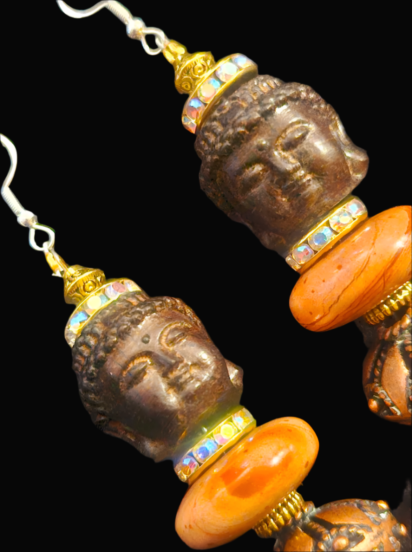 Buddha Jasper & Copper Dangle Ethnic Pierced Earrings - Bold and Chunky Tribal Fall Ear Candy - Drop Earrings for Asian or Women of Color - Kat Kouture Jewelry