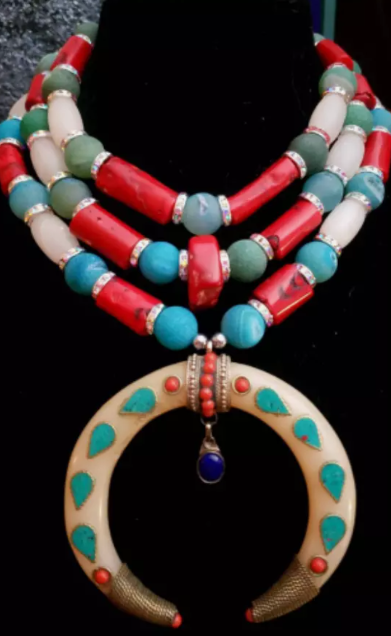 Tibetan Crescent Horn Tribal Statement Necklace - Red White & Blue Multi Strand Ethnic Necklace - Kat Kouture Jewelry