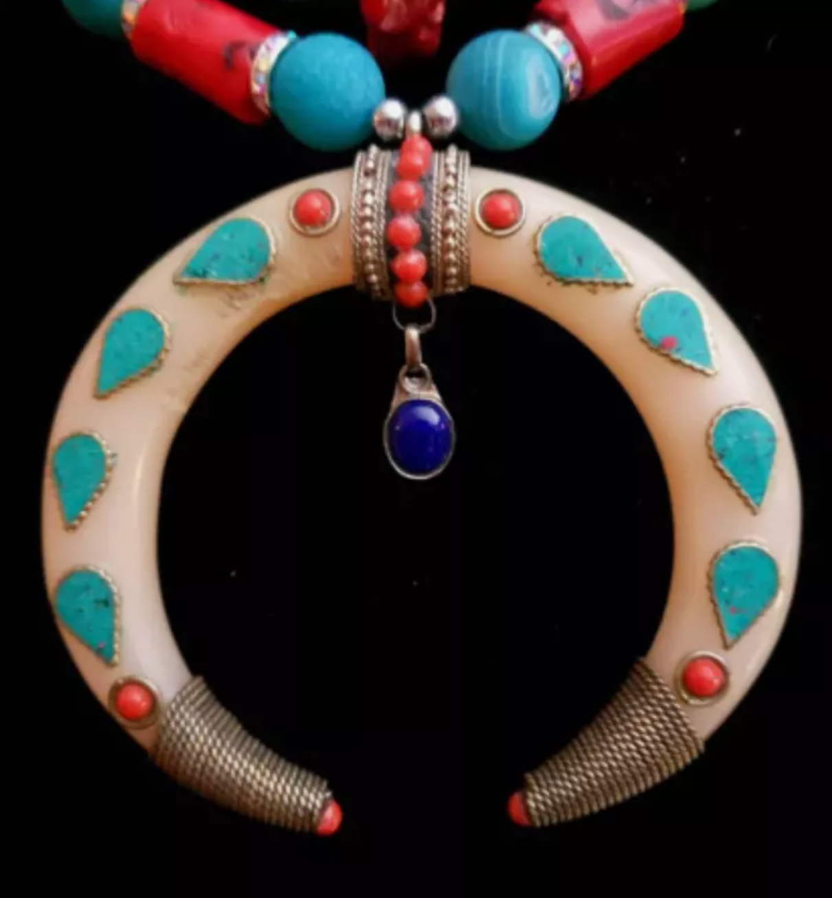 Tibetan Crescent Horn Tribal Statement Necklace - Red White & Blue Multi Strand Ethnic Necklace - Kat Kouture Jewelry