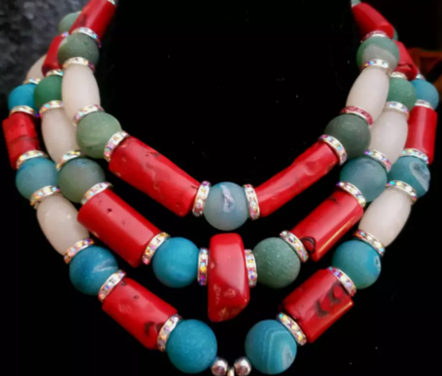 Tibetan Crescent Horn Tribal Statement Necklace - Red White & Blue Multi Strand Ethnic Necklace - Kat Kouture Jewelry