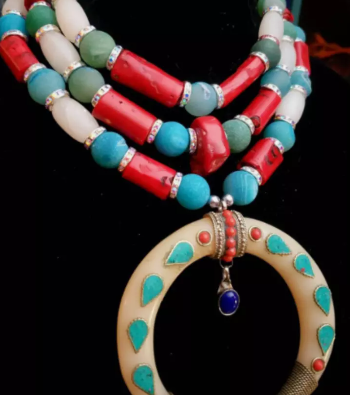 Tibetan Crescent Horn Tribal Statement Necklace - Red White & Blue Multi Strand Ethnic Necklace - Kat Kouture Jewelry