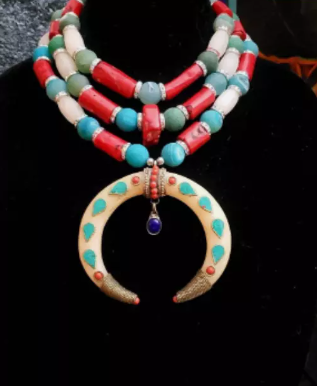 Tibetan Crescent Horn Tribal Statement Necklace - Red White & Blue Multi Strand Ethnic Necklace - Kat Kouture Jewelry