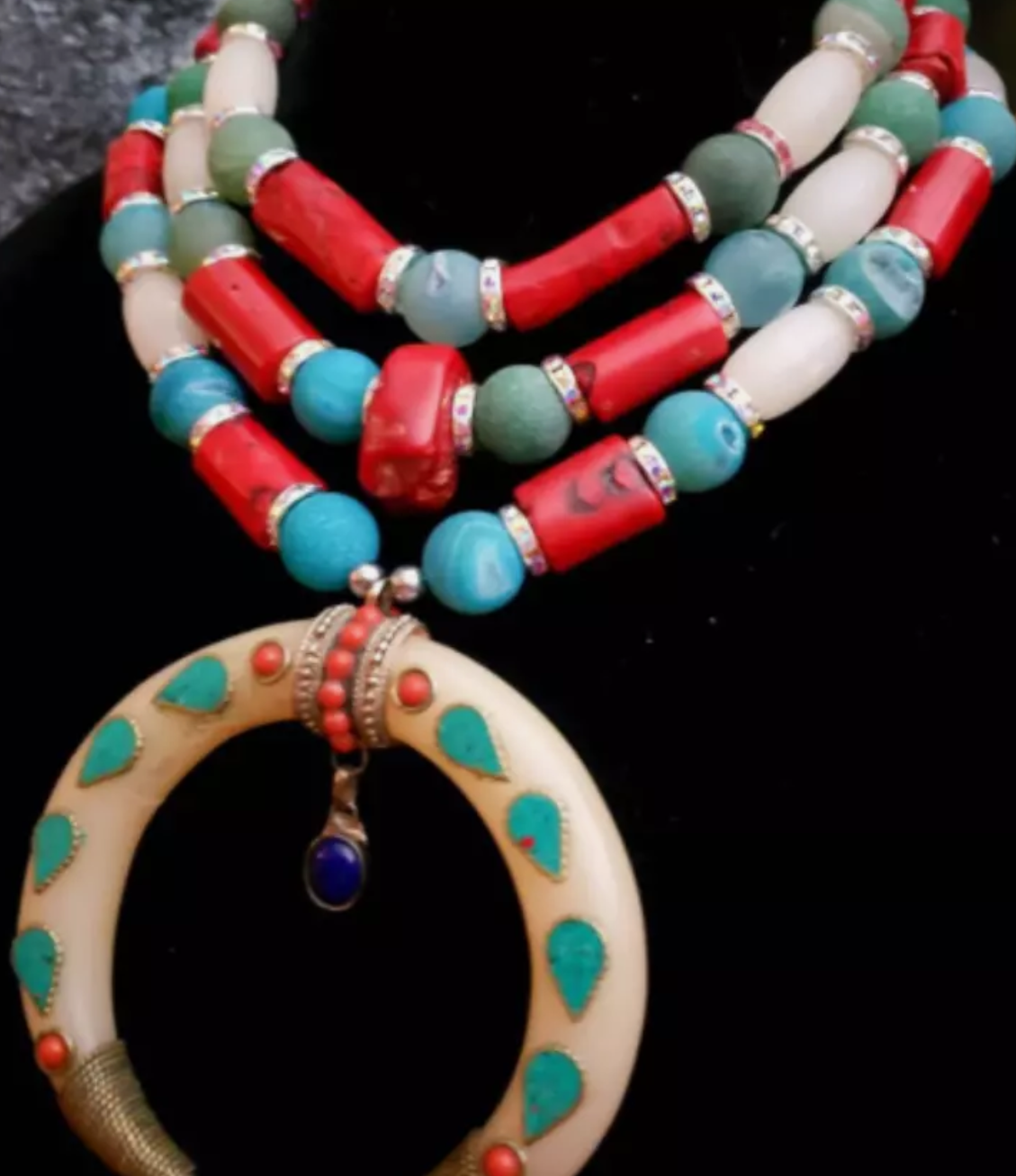 Tibetan Crescent Horn Tribal Statement Necklace - Red White & Blue Multi Strand Ethnic Necklace - Kat Kouture Jewelry