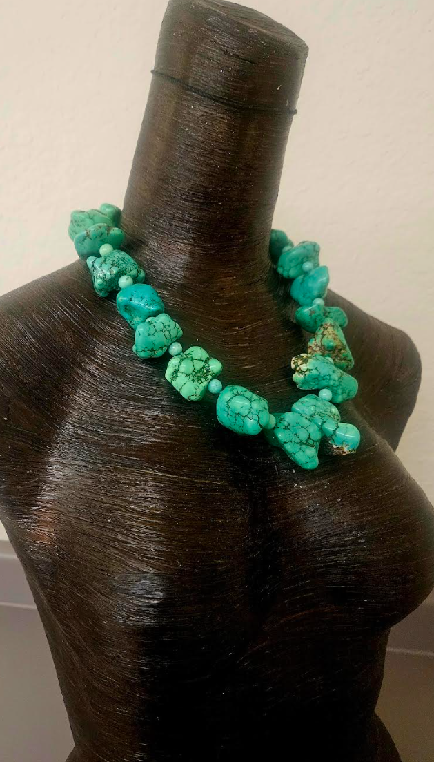 Green Blue Magnesite Southwestern Style Necklace - Oversized Cowgirl Cowboy Faux Turquoise Neck Candy - Iris Apfel Homage -  Kat Kouture Jewelry