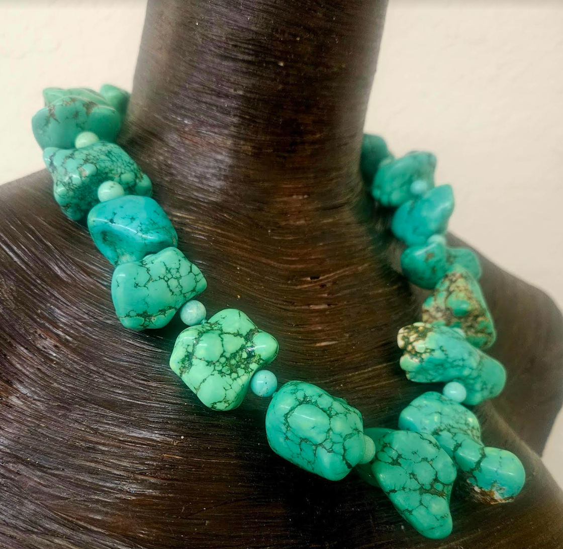 Green Blue Magnesite Southwestern Style Necklace - Oversized Cowgirl Cowboy Faux Turquoise Neck Candy - Iris Apfel Homage -  Kat Kouture Jewelry