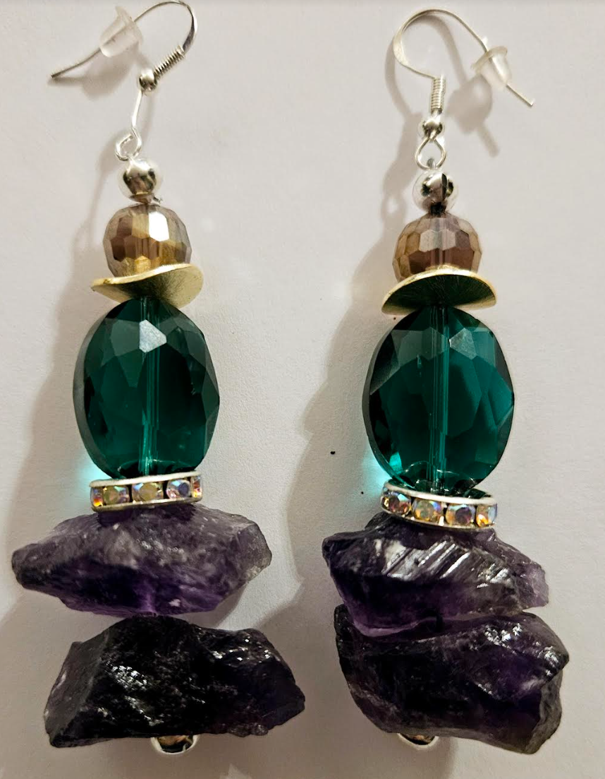 Rough Amethyst & Crystal Pierced Earrings - Purple and Emerald Green Avant Garde Ear Candy - Kat Kouture Jewelry - Wedding Bridal Venue Fashion