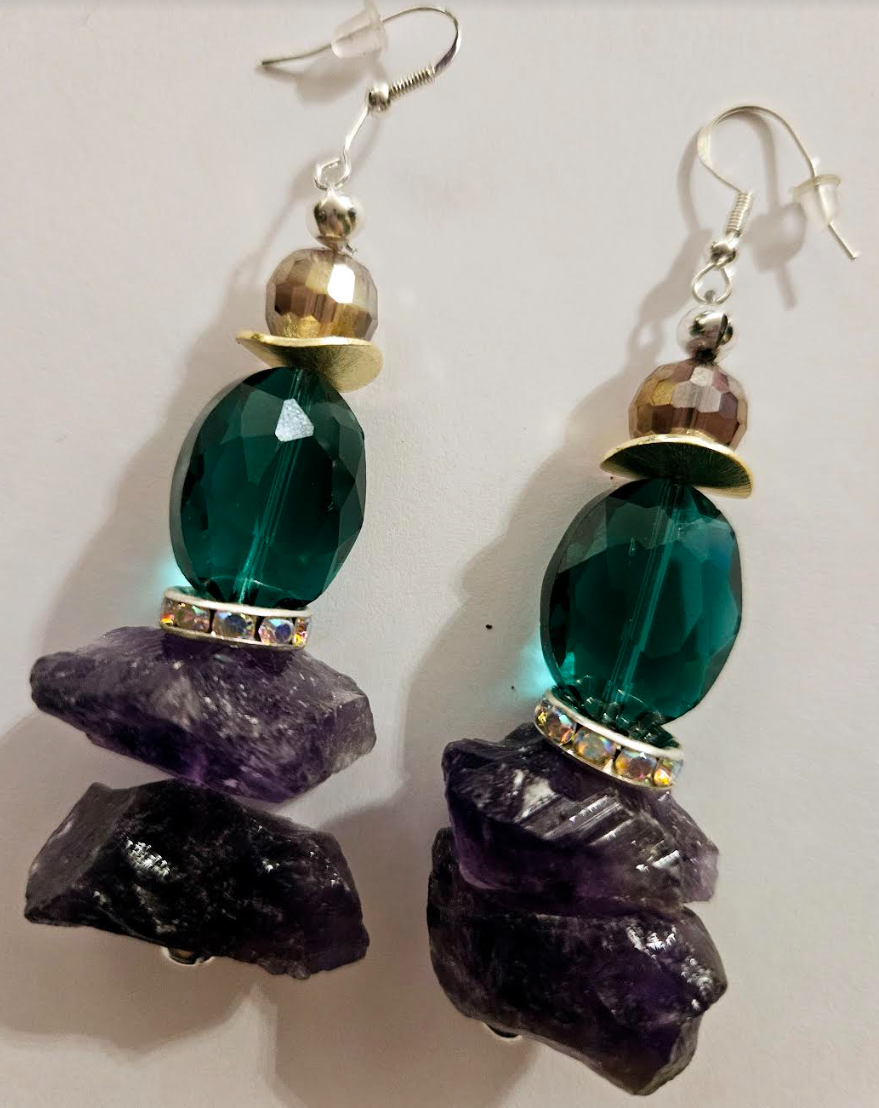 Rough Amethyst & Crystal Pierced Earrings - Purple and Emerald Green Avant Garde Ear Candy - Kat Kouture Jewelry - Wedding Bridal Venue Fashion