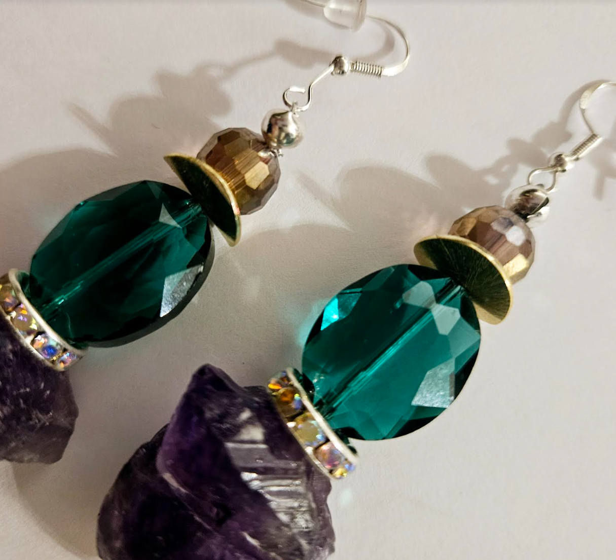 Rough Amethyst & Crystal Pierced Earrings - Purple and Emerald Green Avant Garde Ear Candy - Kat Kouture Jewelry - Wedding Bridal Venue Fashion