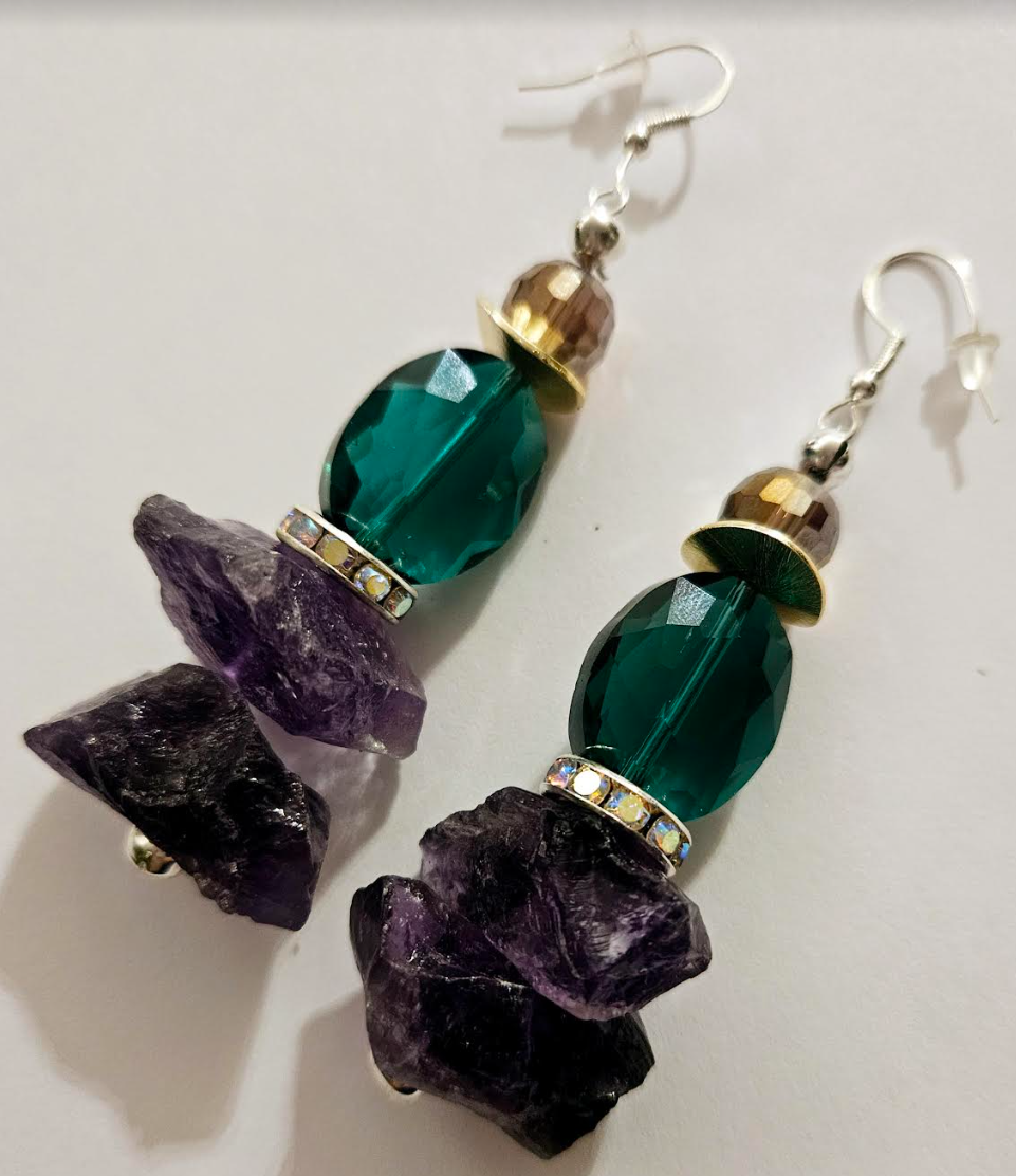 Rough Amethyst & Crystal Pierced Earrings - Purple and Emerald Green Avant Garde Ear Candy - Kat Kouture Jewelry - Wedding Bridal Venue Fashion