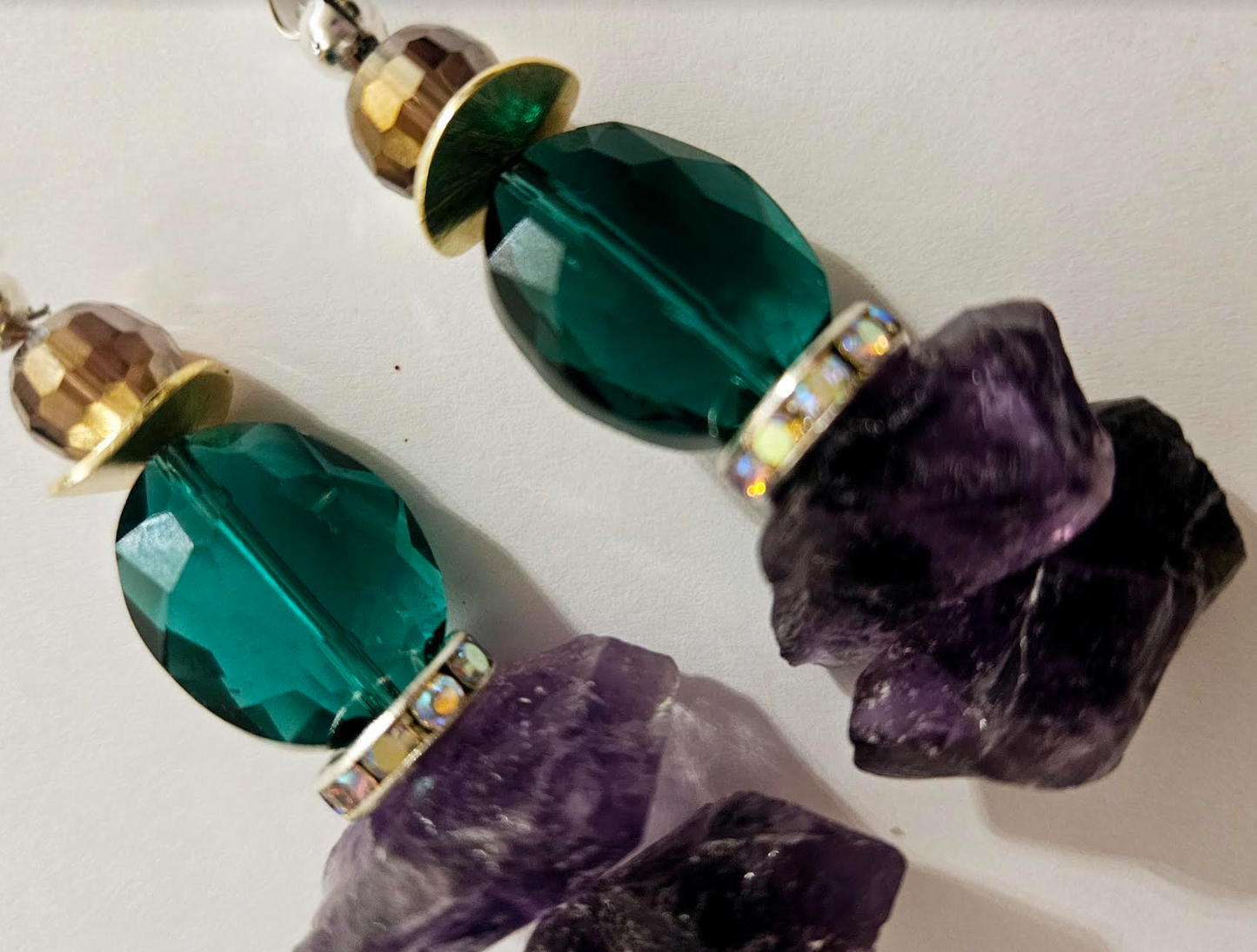 Rough Amethyst & Crystal Pierced Earrings - Purple and Emerald Green Avant Garde Ear Candy - Kat Kouture Jewelry - Wedding Bridal Venue Fashion