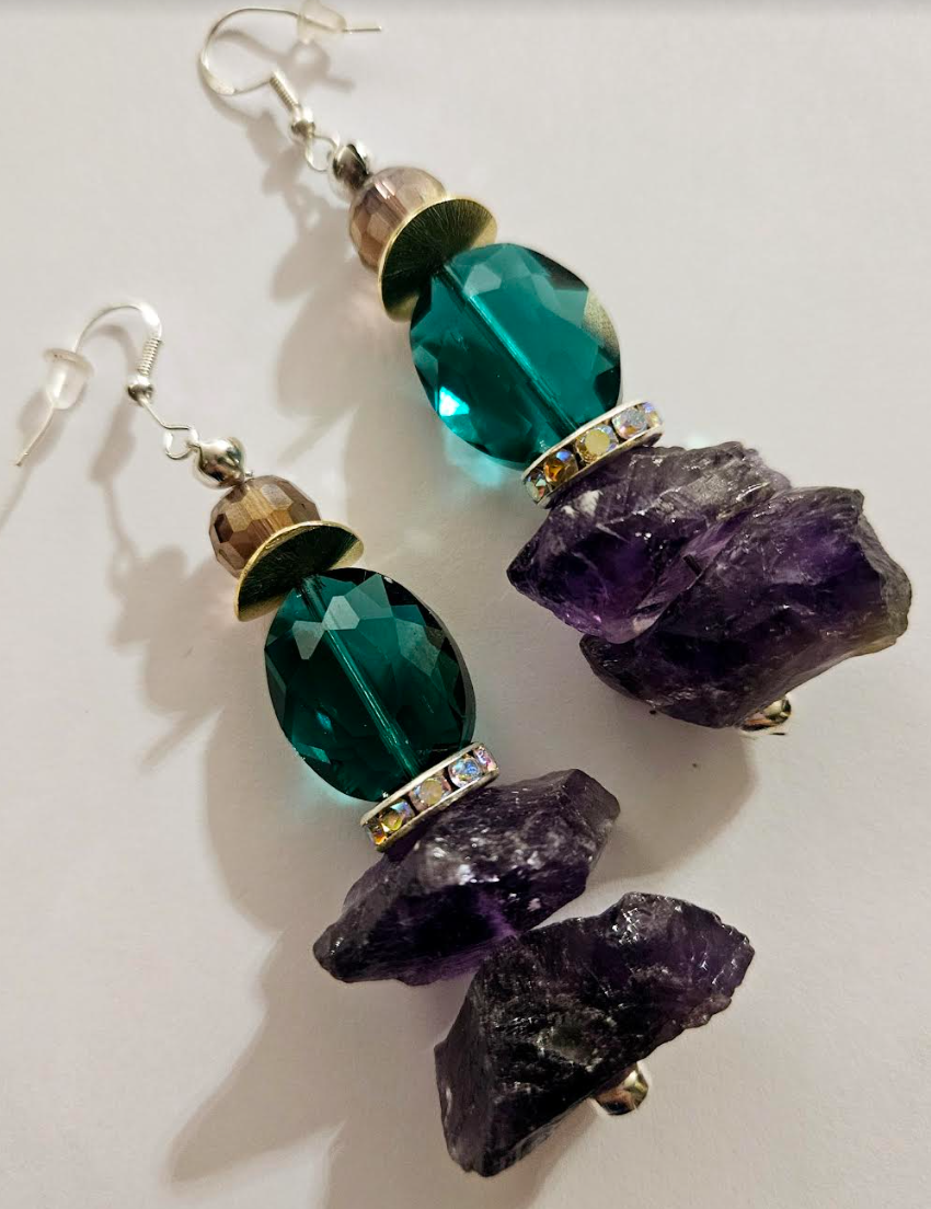 Rough Amethyst & Crystal Pierced Earrings - Purple and Emerald Green Avant Garde Ear Candy - Kat Kouture Jewelry - Wedding Bridal Venue Fashion