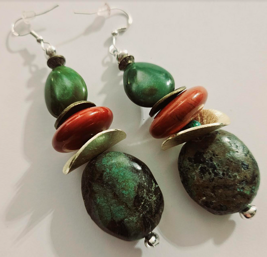 Turquoise & Red Agate Jasper Beaded Dangle Pierced Earrings - Earthy Gemstone Drop Ear Candy - Mixed Gemstone Dangle Earrings - Kat Kouture Jewelry