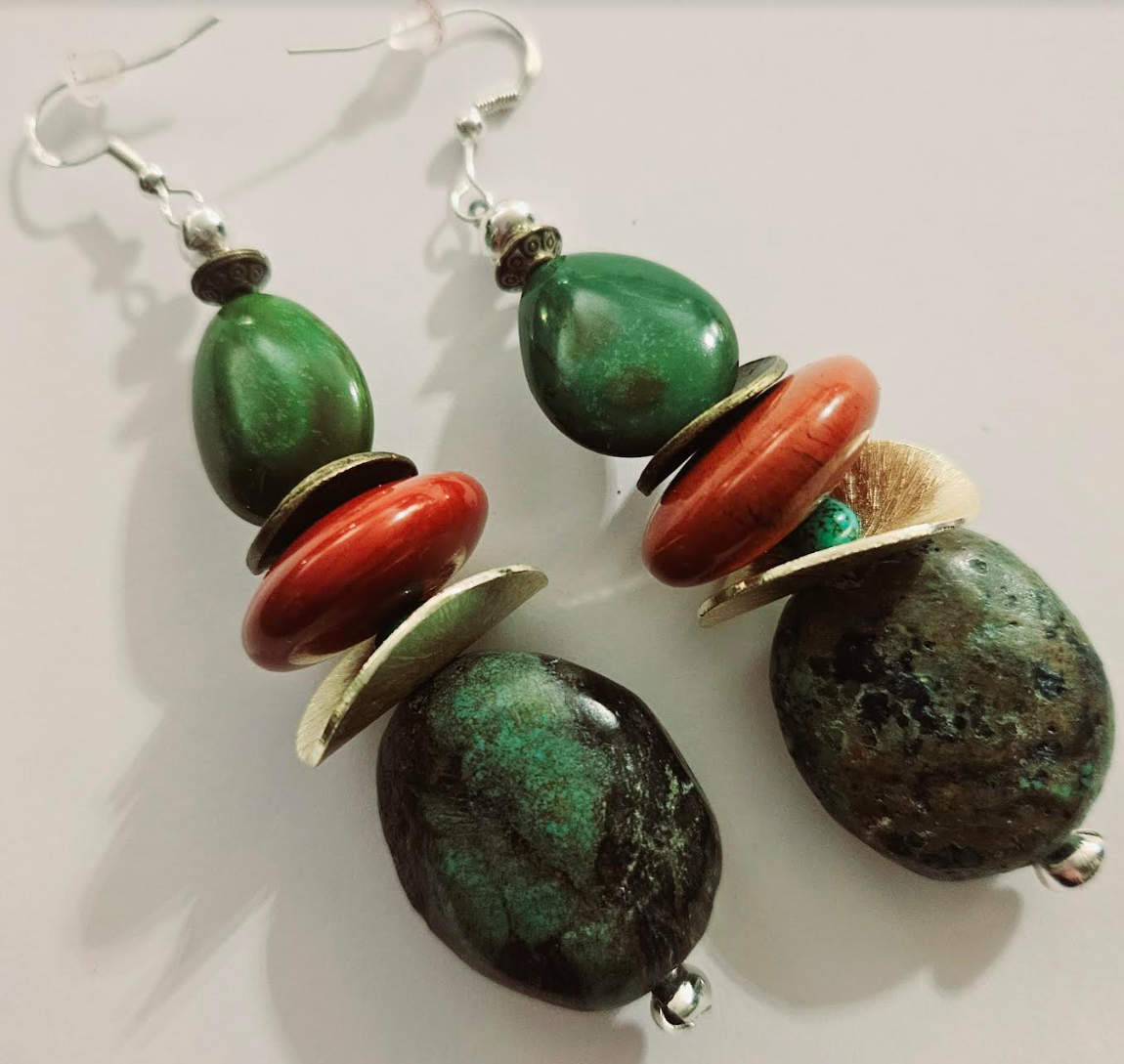 Turquoise & Red Agate Jasper Beaded Dangle Pierced Earrings - Earthy Gemstone Drop Ear Candy - Mixed Gemstone Dangle Earrings - Kat Kouture Jewelry