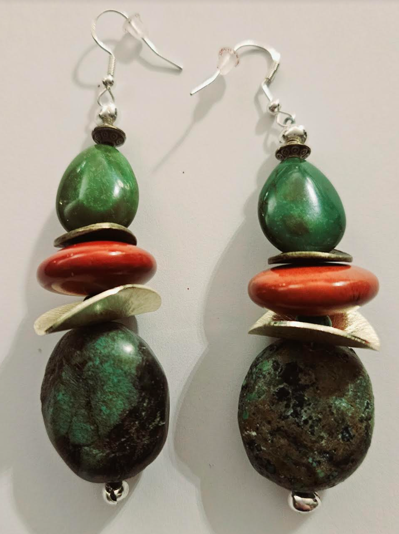 Turquoise & Red Agate Jasper Beaded Dangle Pierced Earrings - Earthy Gemstone Drop Ear Candy - Mixed Gemstone Dangle Earrings - Kat Kouture Jewelry