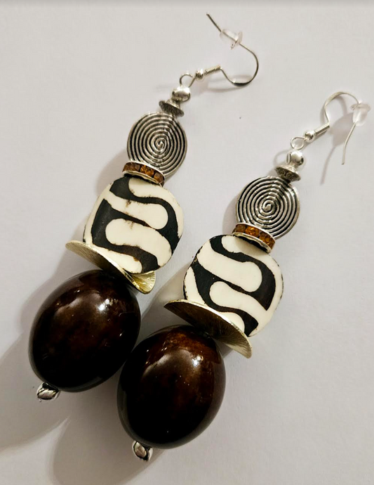 Earth Tone Batik Bone & Oversized Porcelain Pierced Earrings - African Inspired Autumn Ear Candy - Kat Kouture Jewelry - Earrings for Women of Color