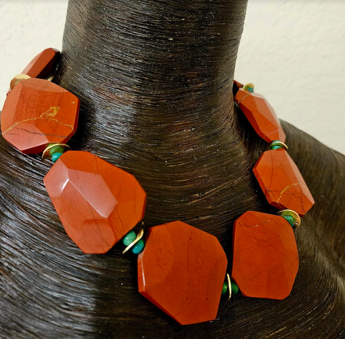 Faceted Rustic Red Agate Jasper Statement Necklace - Neck Candy for Business or Professional Events - Kat Kouture Jewelry - Anna Wintour Style Necklace