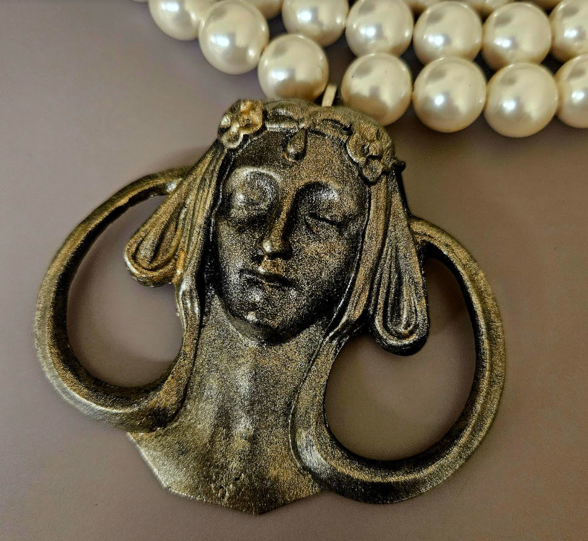 Art nouveau Goddess Pendant with Multi Strand Faux Pearl Necklace - Showstopper Mucha-like Woman Chest Piece - Kat Kouture Jewelry