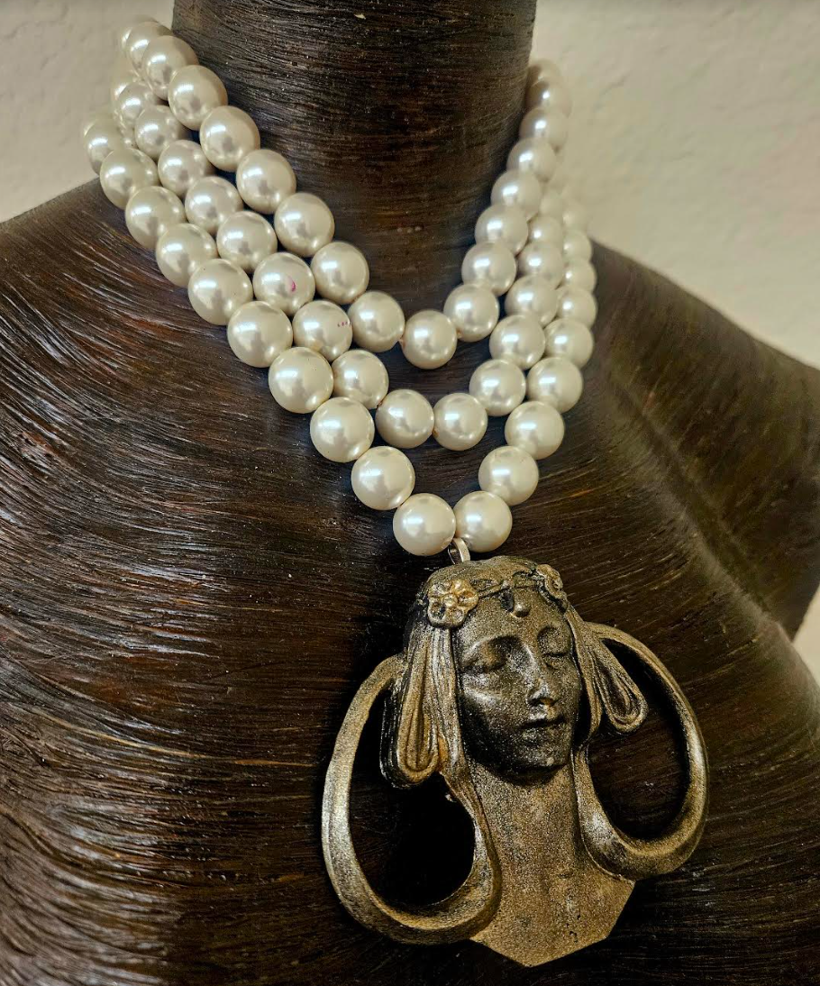 Art nouveau Goddess Pendant with Multi Strand Faux Pearl Necklace - Showstopper Mucha-like Woman Chest Piece - Kat Kouture Jewelry