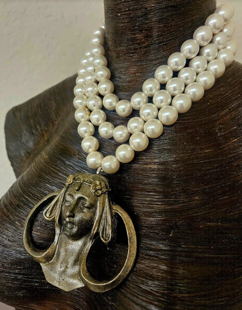 Art nouveau Goddess Pendant with Multi Strand Faux Pearl Necklace - Showstopper Mucha-like Woman Chest Piece - Kat Kouture Jewelry