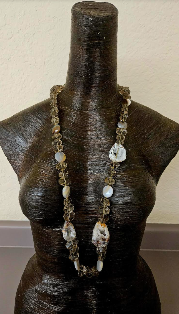 Faceted Smoky Quartz Agate & Geode Slice Gemstone Rope - Autumn Neck Candy for Business or Professional Events - Kat Kouture Jewelry