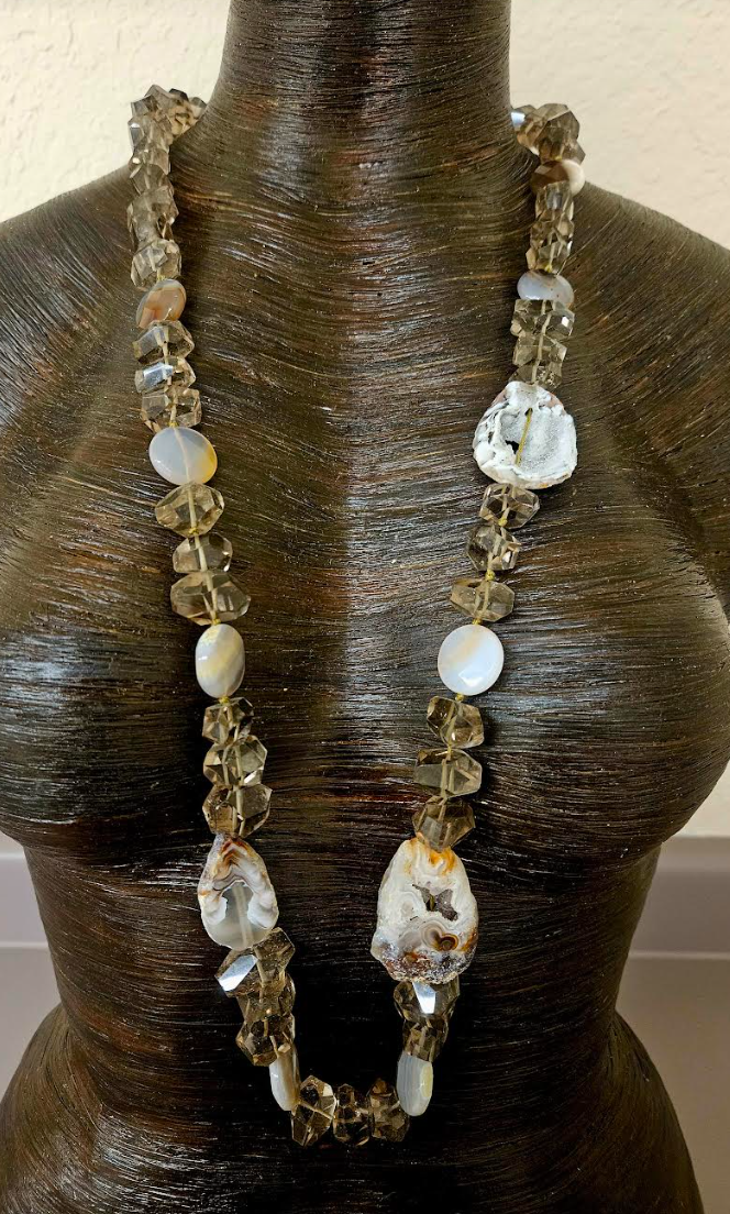 Faceted Smoky Quartz Agate & Geode Slice Gemstone Rope - Autumn Neck Candy for Business or Professional Events - Kat Kouture Jewelry