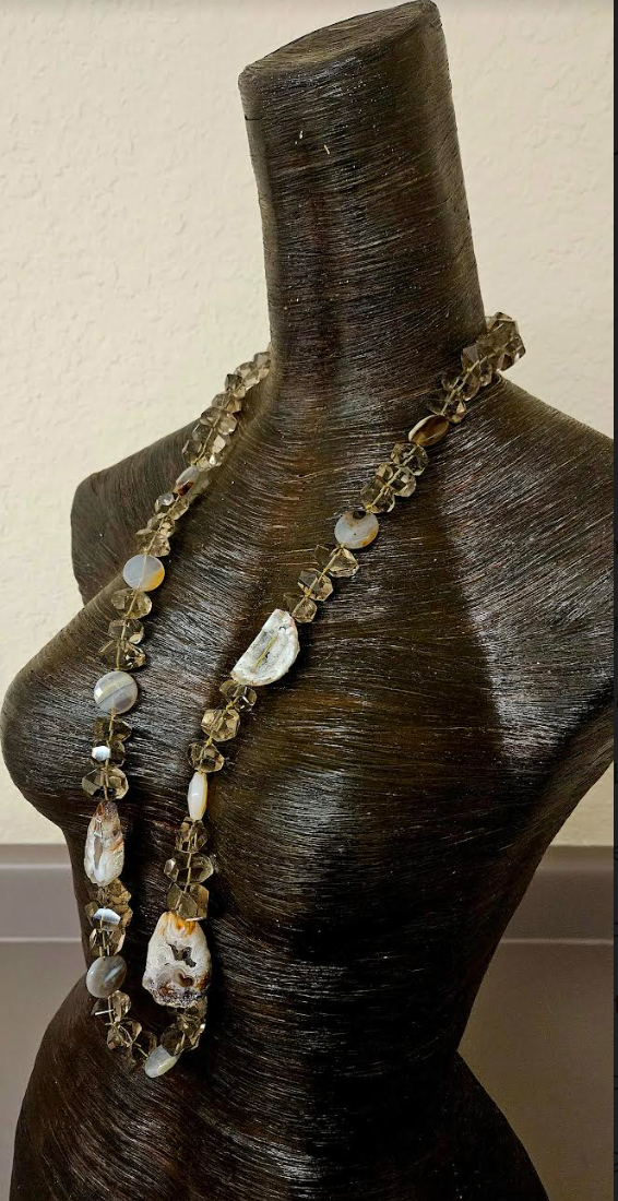 Faceted Smoky Quartz Agate & Geode Slice Gemstone Rope - Autumn Neck Candy for Business or Professional Events - Kat Kouture Jewelry