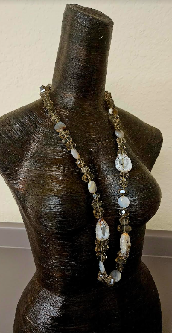 Faceted Smoky Quartz Agate & Geode Slice Gemstone Rope - Autumn Neck Candy for Business or Professional Events - Kat Kouture Jewelry