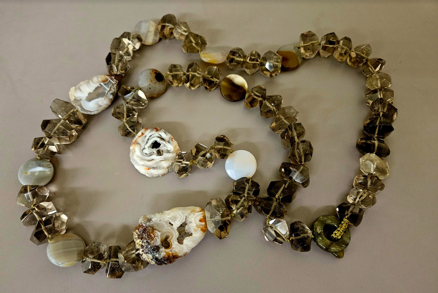 Faceted Smoky Quartz Agate & Geode Slice Gemstone Rope - Autumn Neck Candy for Business or Professional Events - Kat Kouture Jewelry