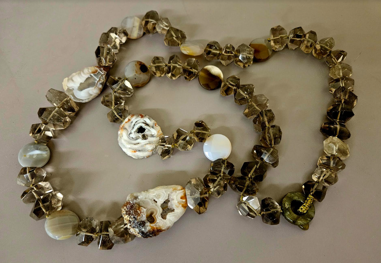 Faceted Smoky Quartz Agate & Geode Slice Gemstone Rope - Autumn Neck Candy for Business or Professional Events - Kat Kouture Jewelry