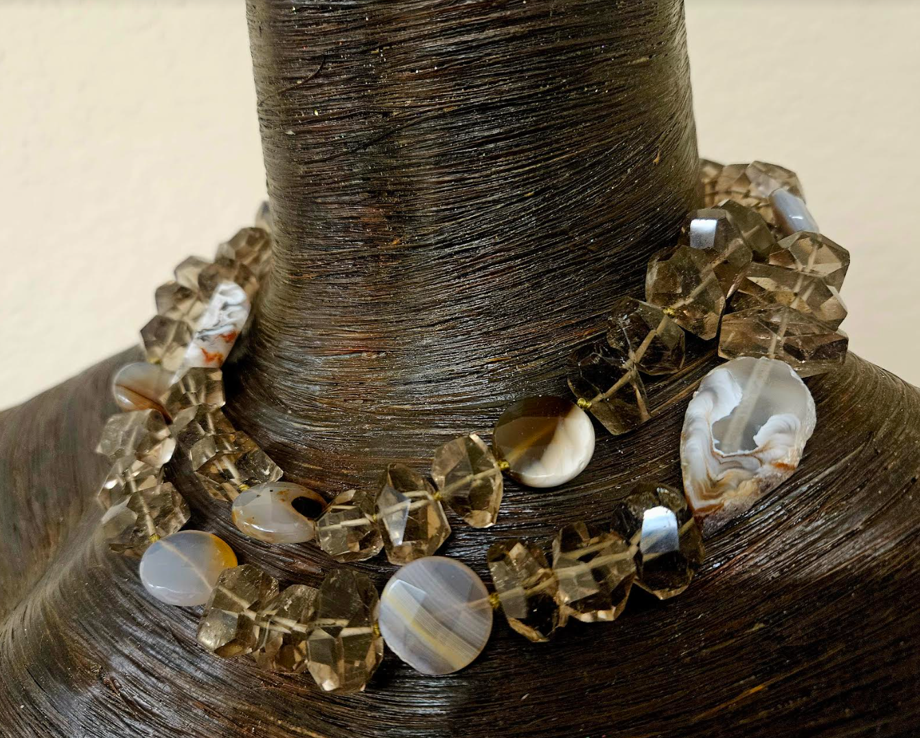 Faceted Smoky Quartz Agate & Geode Slice Gemstone Rope - Autumn Neck Candy for Business or Professional Events - Kat Kouture Jewelry