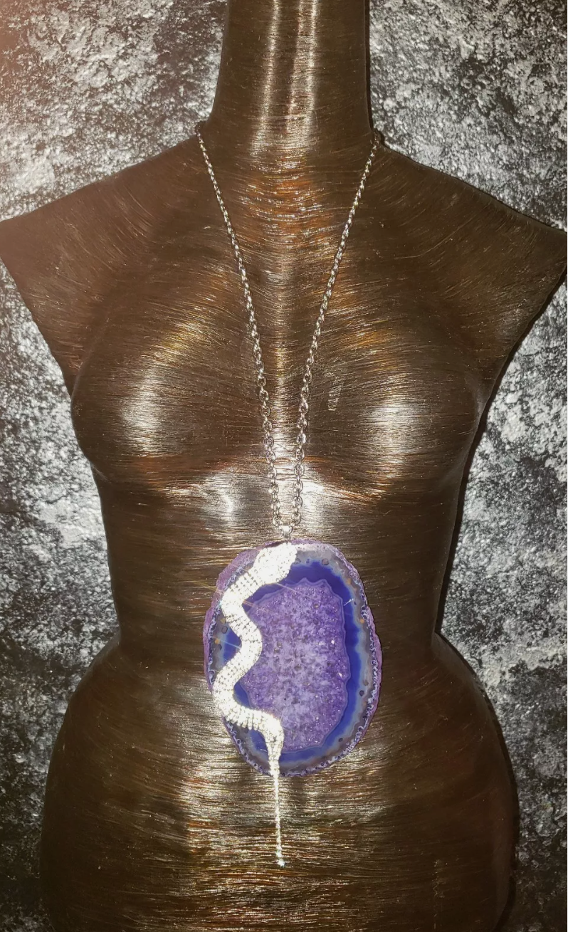 Purple Agate & Rhinestone Snake Statement Pendant - Avant Garde Lagenlook Serpent Bling and Gemstone Chest Piece - Gift for Ophiophilist - Kat Kouture Jewelry