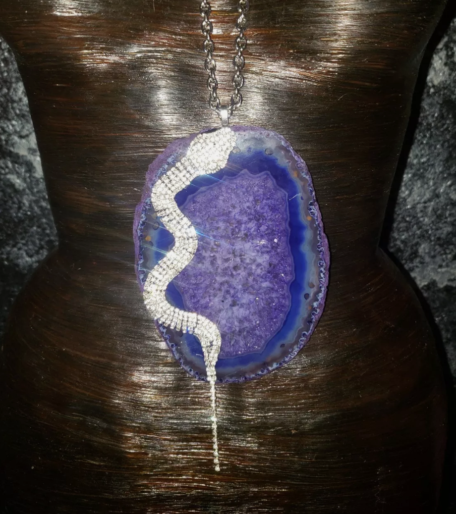 Purple Agate & Rhinestone Snake Statement Pendant - Avant Garde Lagenlook Serpent Bling and Gemstone Chest Piece - Gift for Ophiophilist - Kat Kouture Jewelry