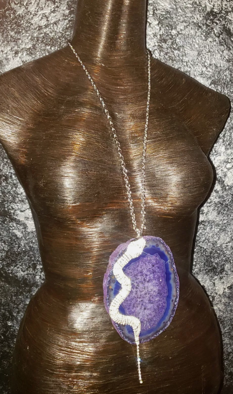 Purple Agate & Rhinestone Snake Statement Pendant - Avant Garde Lagenlook Serpent Bling and Gemstone Chest Piece - Gift for Ophiophilist - Kat Kouture Jewelry