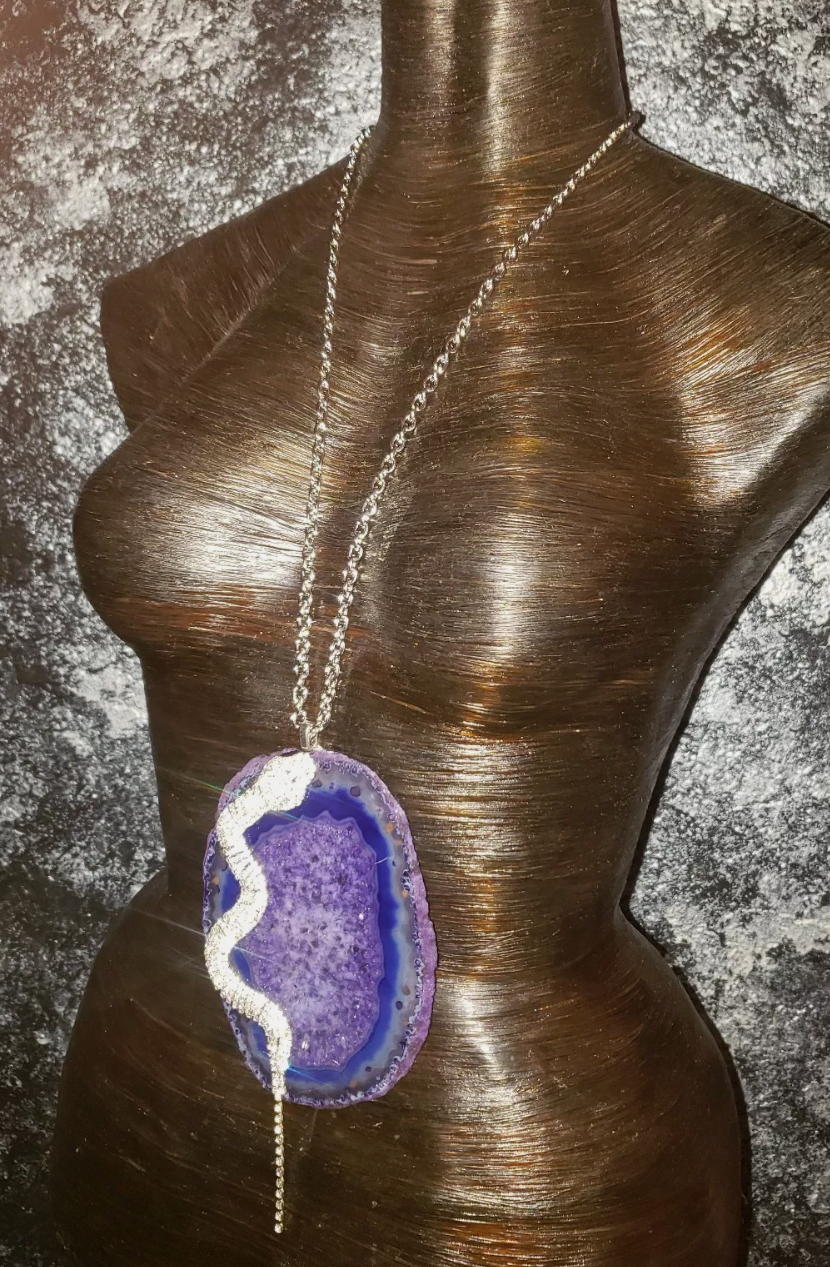 Purple Agate & Rhinestone Snake Statement Pendant - Avant Garde Lagenlook Serpent Bling and Gemstone Chest Piece - Gift for Ophiophilist - Kat Kouture Jewelry