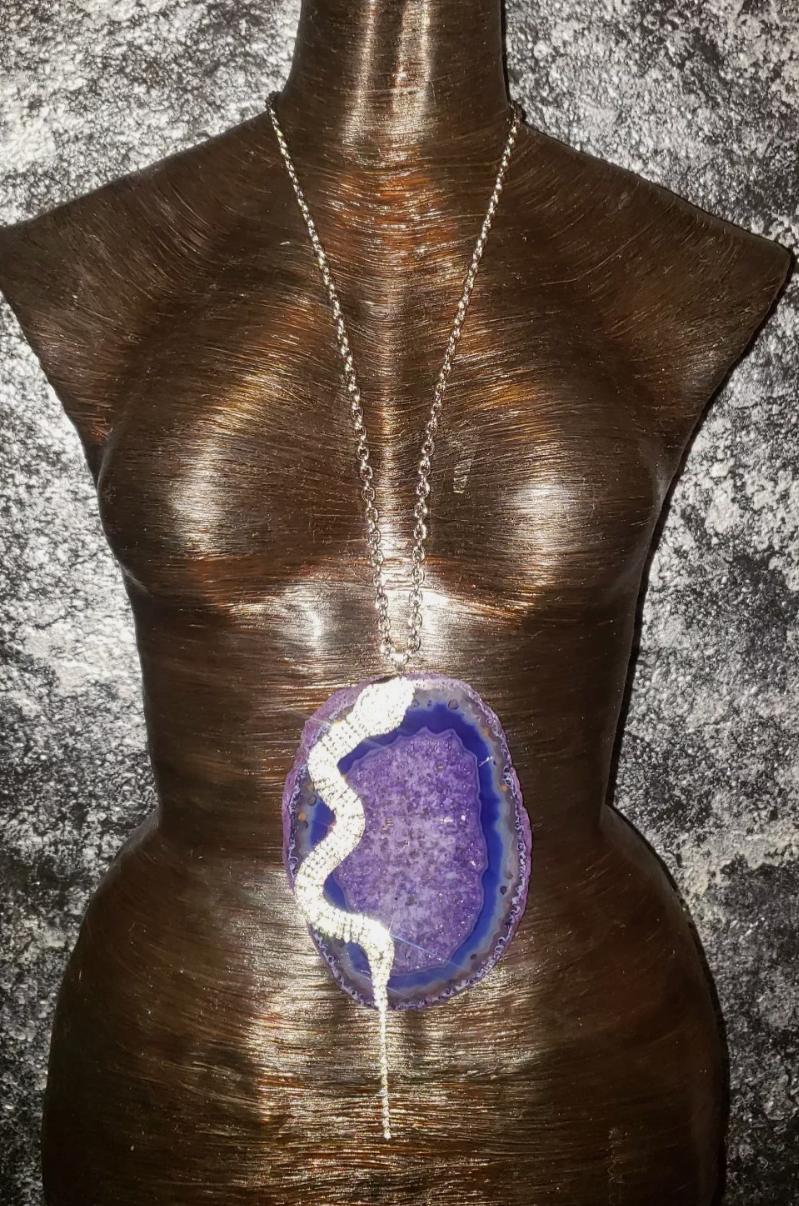 Purple Agate & Rhinestone Snake Statement Pendant - Avant Garde Lagenlook Serpent Bling and Gemstone Chest Piece - Gift for Ophiophilist - Kat Kouture Jewelry