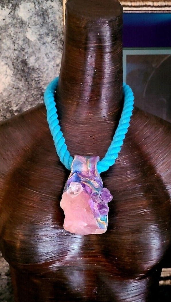 Rough Rose Quartz Amethyst & Apophyllite Sculpted Pendant With Turquoise Rope - Mixed Crystal Gemstone Unisex Talisman - Bohemian Couture Pagan Amulet - Kat Kouture Jewelry