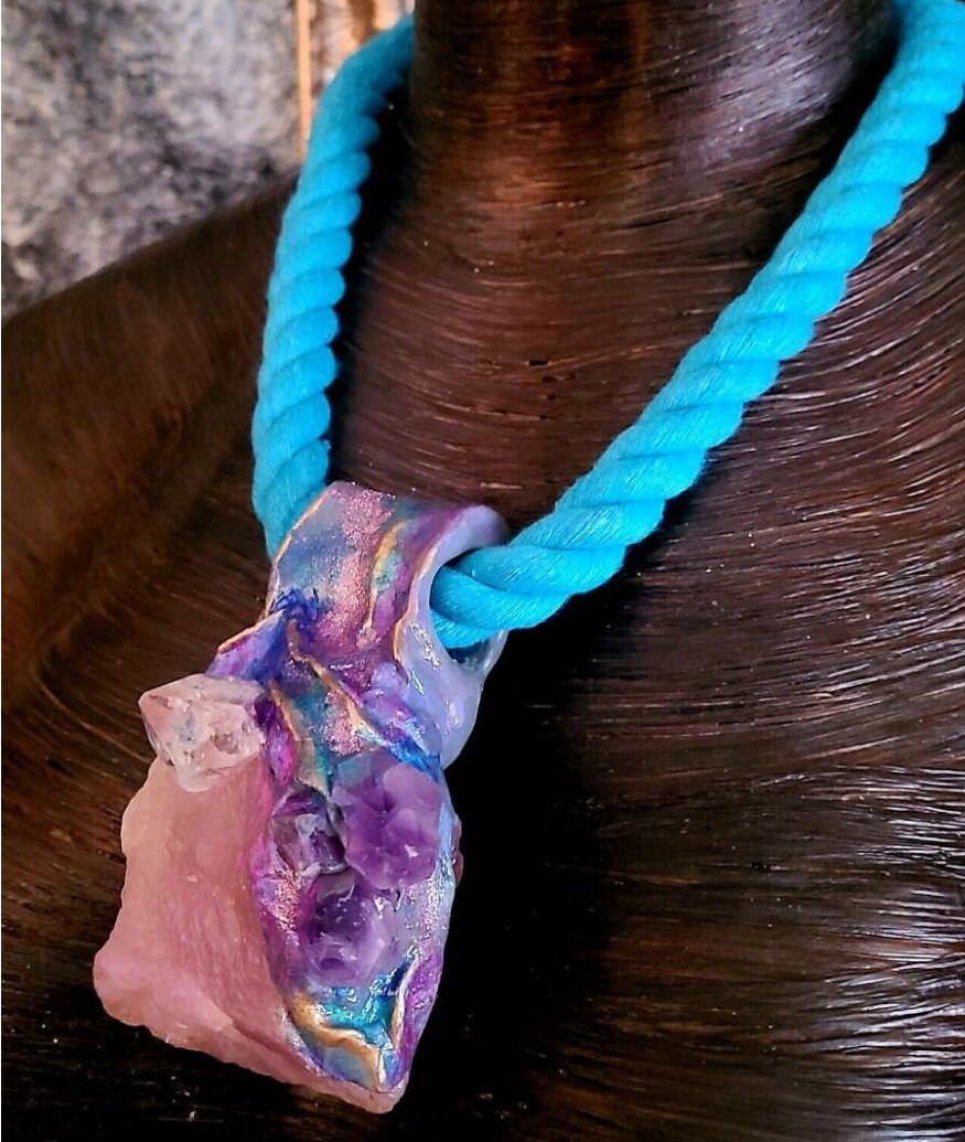 Rough Rose Quartz Amethyst & Apophyllite Sculpted Pendant With Turquoise Rope - Mixed Crystal Gemstone Unisex Talisman - Bohemian Couture Pagan Amulet - Kat Kouture Jewelry