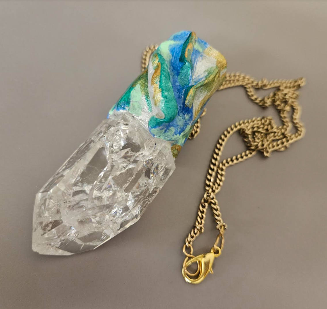 Crackle Quartz Sculpted Pendant for Petite Women - Polished & Faceted Crystal Obelisk for Men - Kat Kouture Jewelry